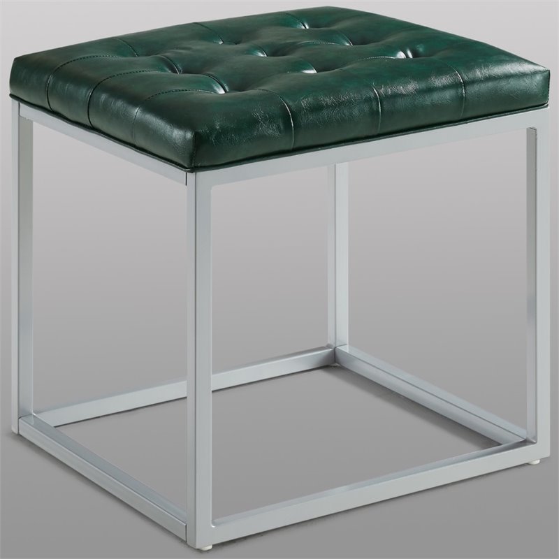Maklaine Tufted Faux Leather Cube Ottoman with Metal Frame in Green