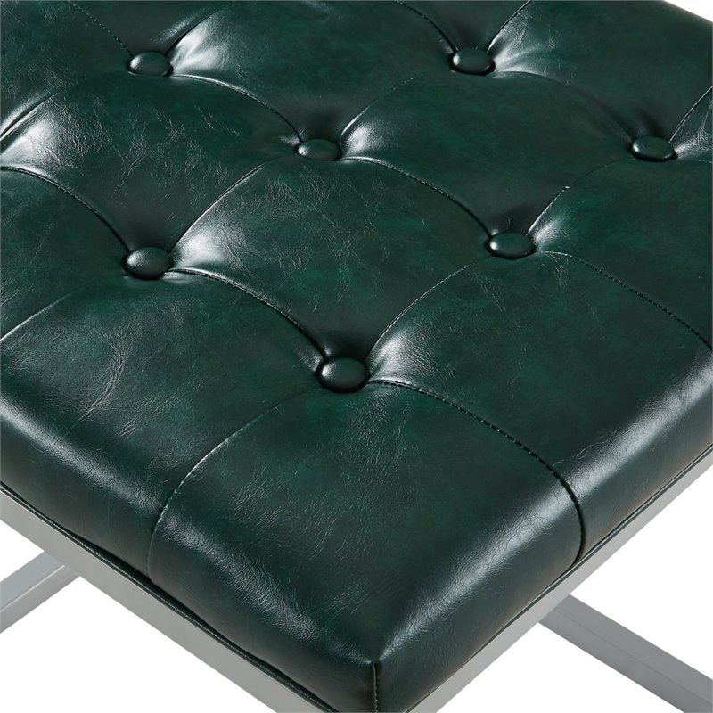 Maklaine Tufted Faux Leather Cube Ottoman with Metal Frame in Green