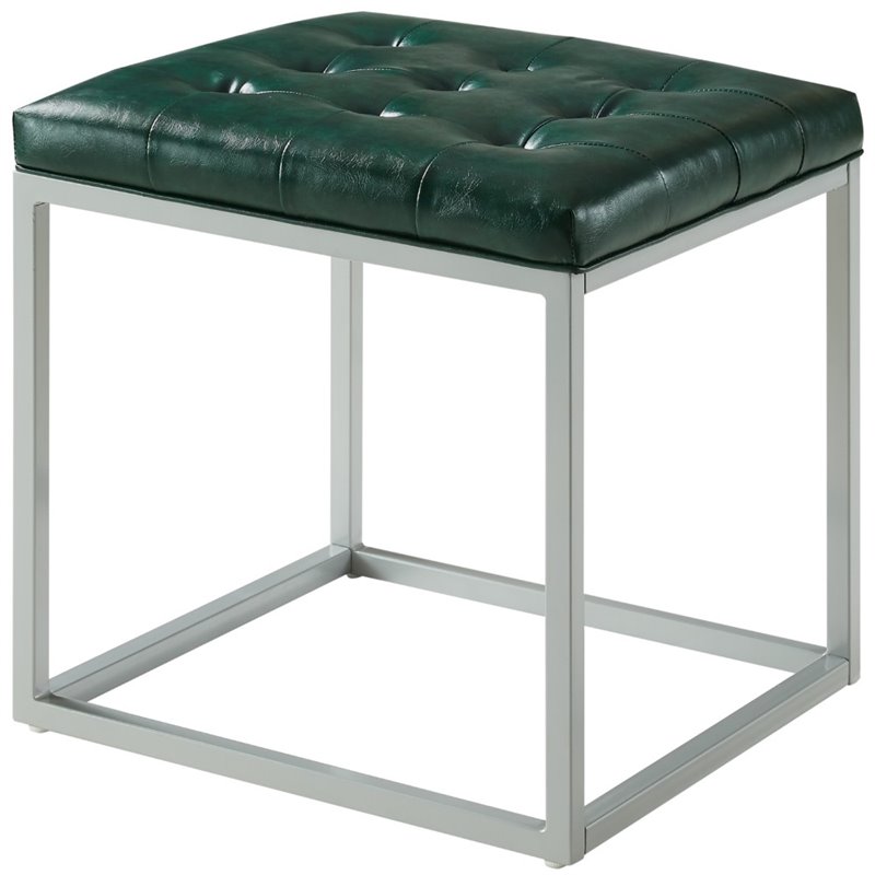 Maklaine Tufted Faux Leather Cube Ottoman with Metal Frame in Green