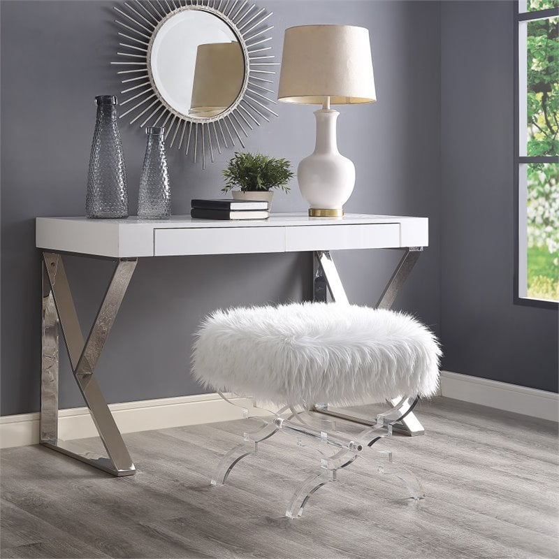 Maklaine Modern Faux Fur Fabric Ottoman with Acrylic X-Legs in Cream