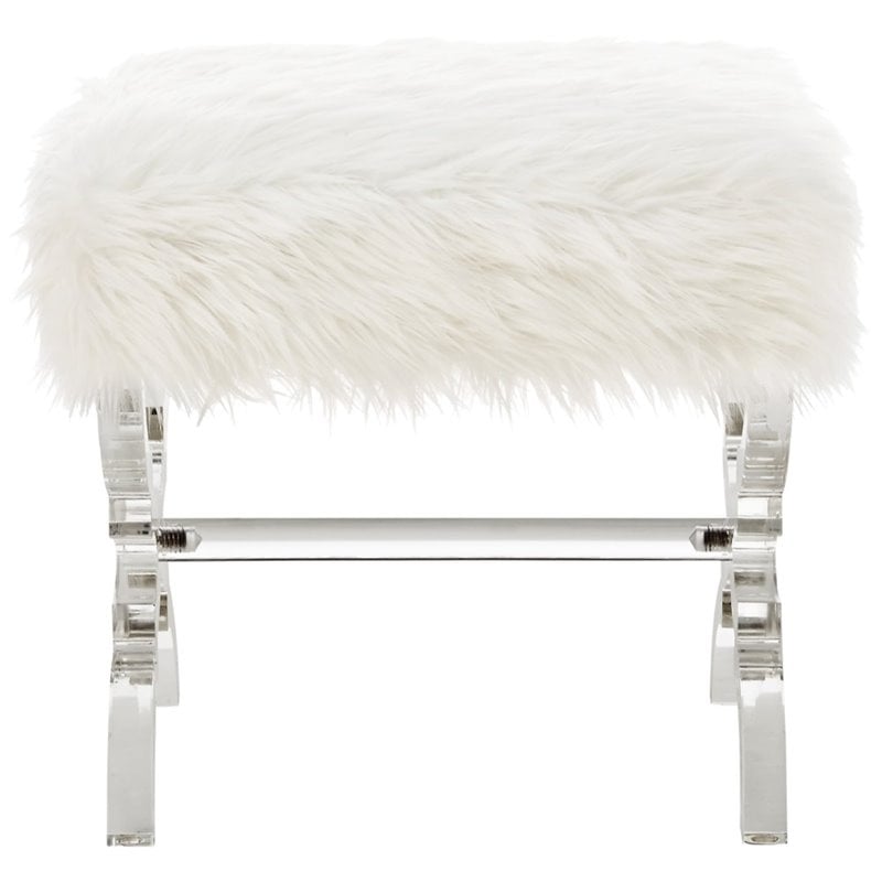 Maklaine Modern Faux Fur Fabric Ottoman with Acrylic X-Legs in Cream