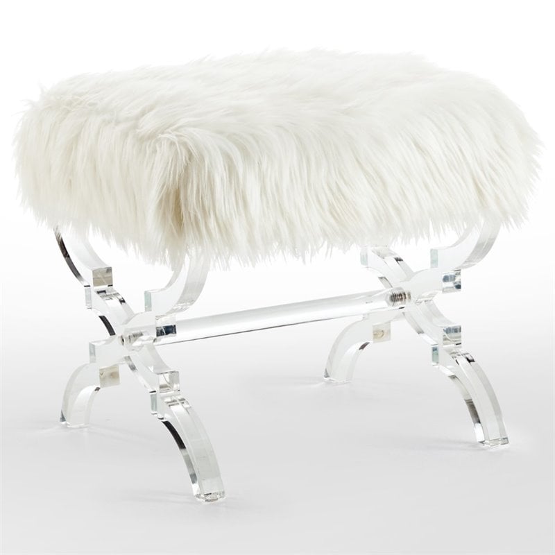 Maklaine Modern Faux Fur Fabric Ottoman with Acrylic X-Legs in Cream