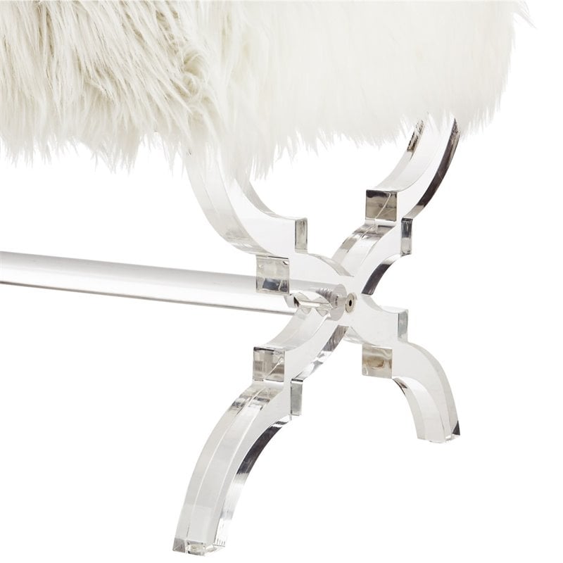 Maklaine Modern Faux Fur Fabric Ottoman with Acrylic X-Legs in Cream