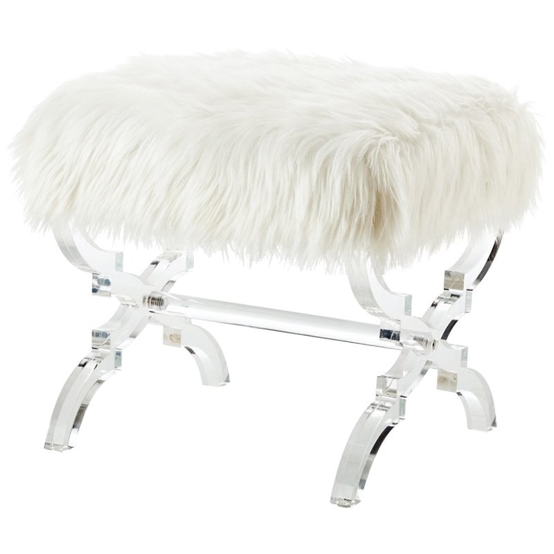 Maklaine Modern Faux Fur Fabric Ottoman with Acrylic X-Legs in Cream