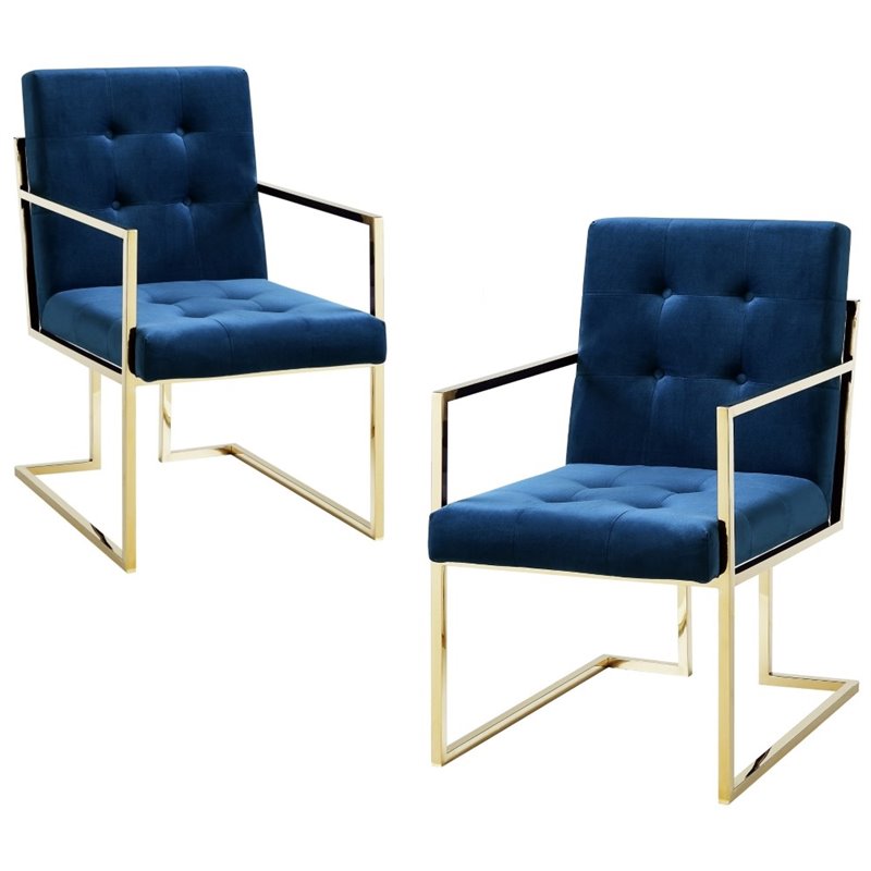 Maklaine Button Tufted Velvet Dining Chair Navy Blue/Gold (Set of 2)