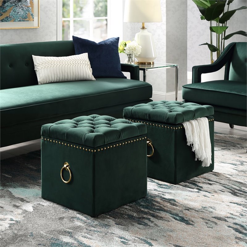 Maklaine Velvet 1Pc Storage Ottoman in Hunter Green/Gold Finish