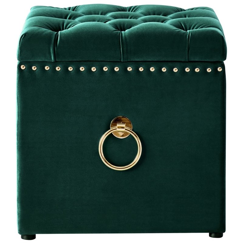 Maklaine Velvet 1Pc Storage Ottoman in Hunter Green/Gold Finish