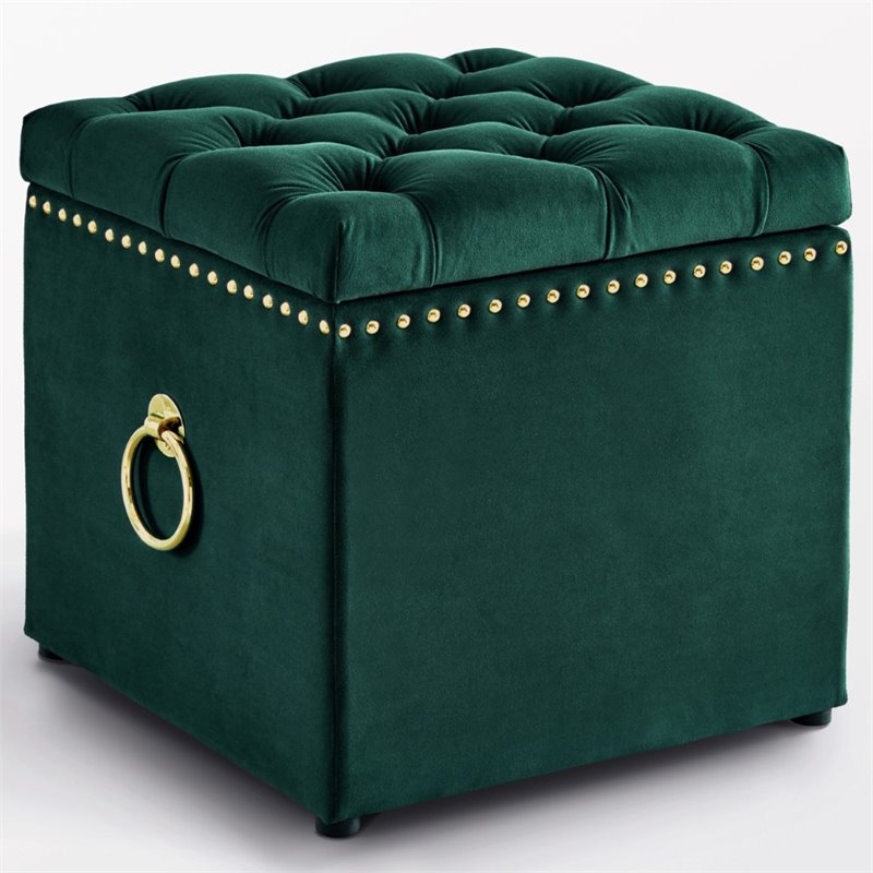 Maklaine Velvet 1Pc Storage Ottoman in Hunter Green/Gold Finish