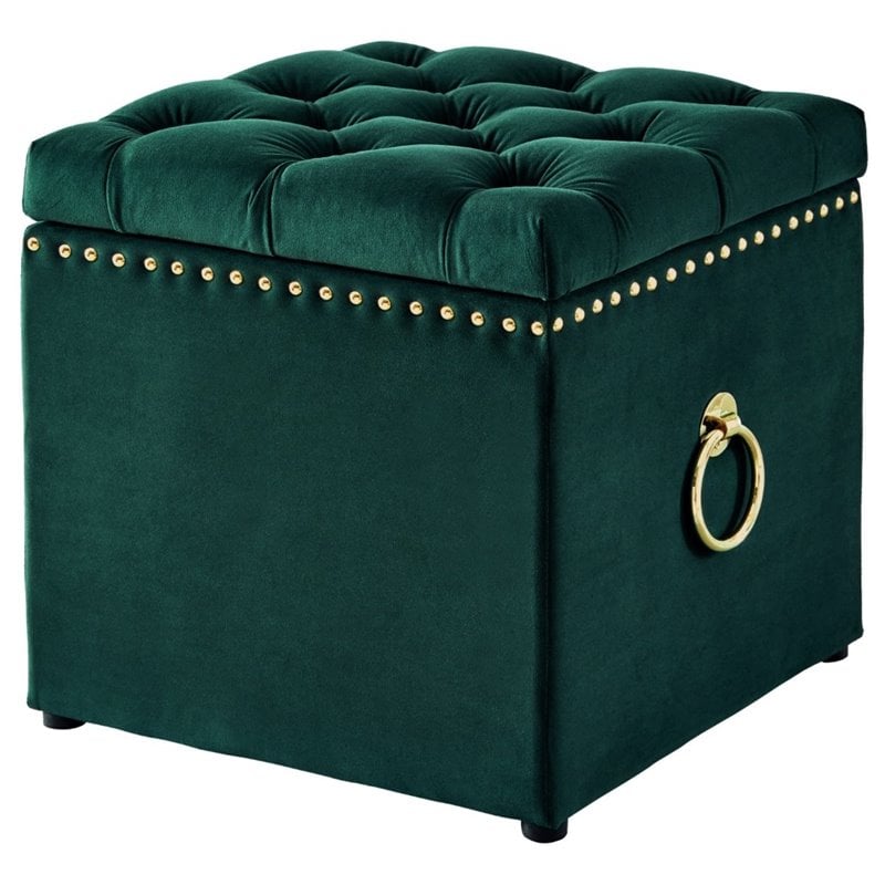 Maklaine Velvet 1Pc Storage Ottoman in Hunter Green/Gold Finish