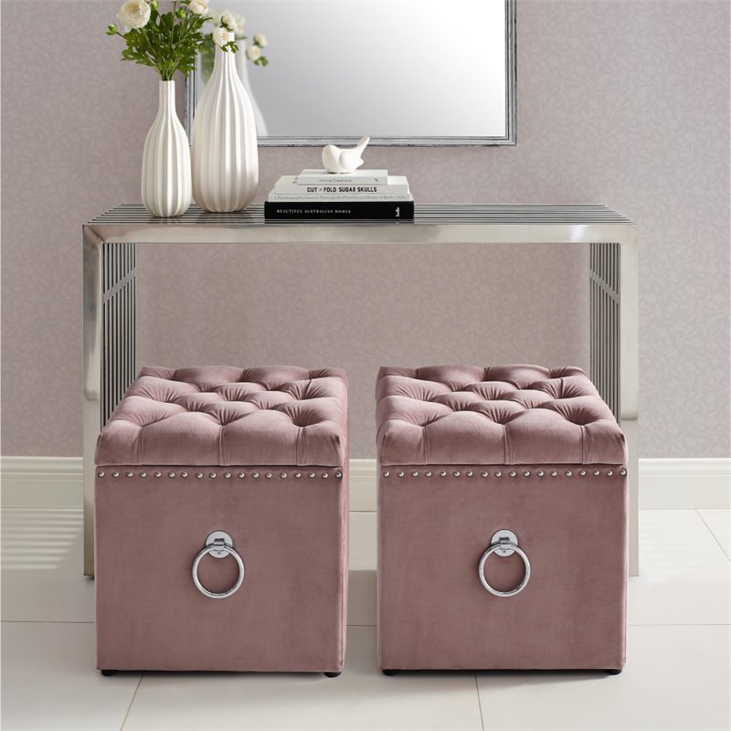 Maklaine Velvet 1Pc Storage Ottoman in Blush Pink/Chrome Finish