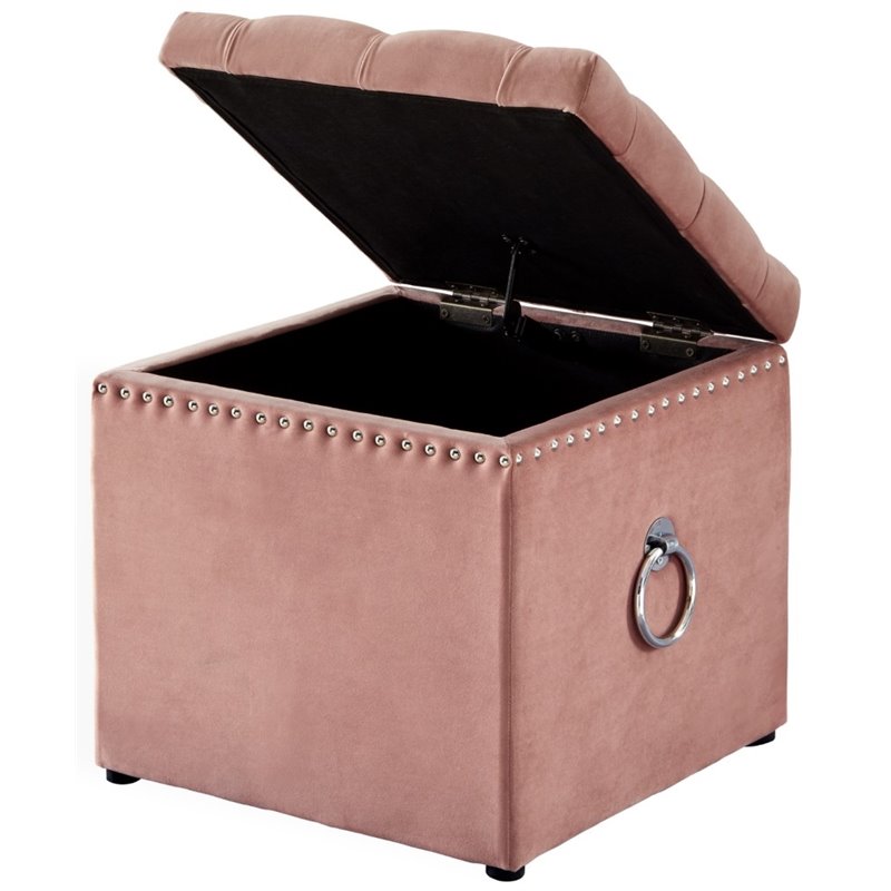 Maklaine Velvet 1Pc Storage Ottoman in Blush Pink/Chrome Finish