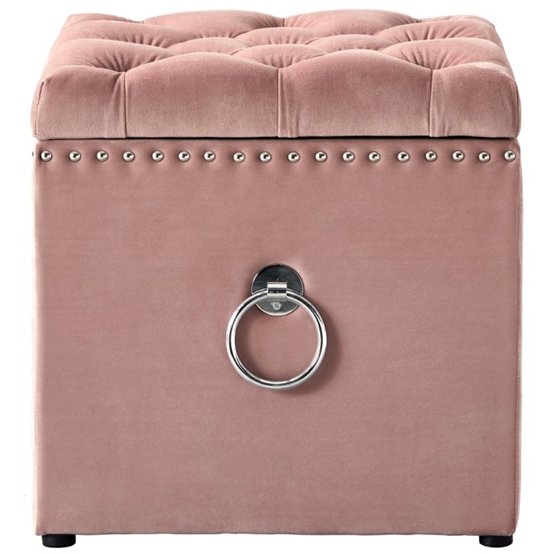Maklaine Velvet 1Pc Storage Ottoman in Blush Pink/Chrome Finish