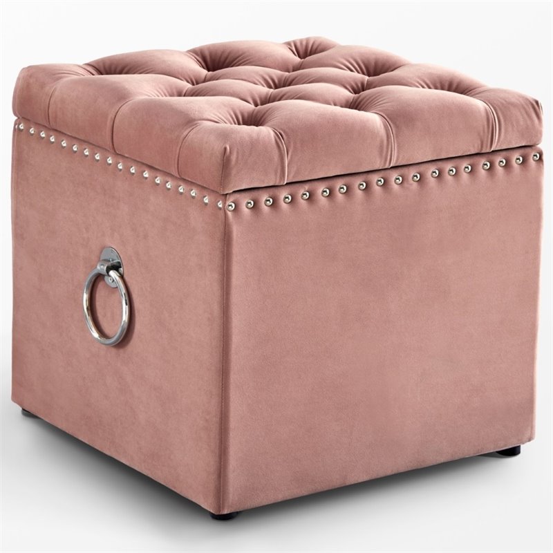 Maklaine Velvet 1Pc Storage Ottoman in Blush Pink/Chrome Finish