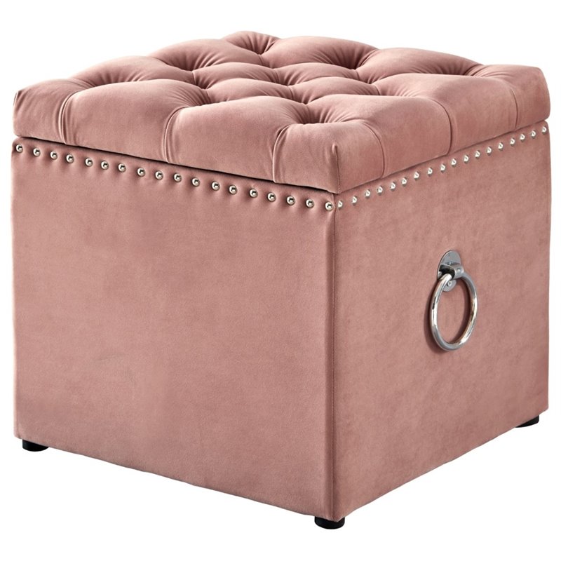 Maklaine Velvet 1Pc Storage Ottoman in Blush Pink/Chrome Finish