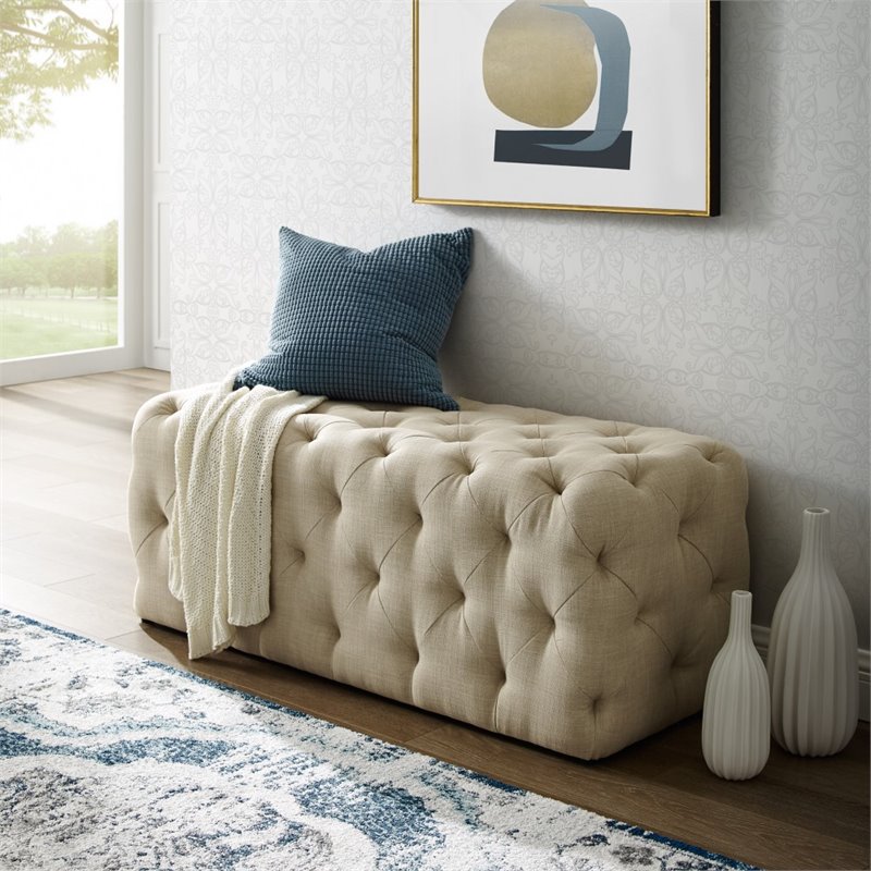 Maklaine Modern Button-Tufted Linen Fabric Bench in Beige Finish
