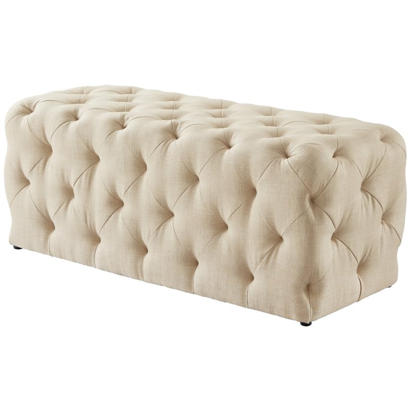 Maklaine Modern Button-Tufted Linen Fabric Bench in Beige Finish
