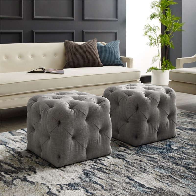 Maklaine Modern Linen Fabric Square Ottoman in Light Gray Finish