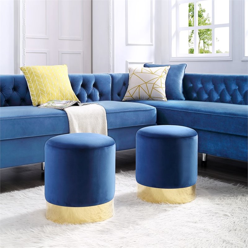 Maklaine Velvet Round Ottoman with Metal Base in Blue/Gold Finish
