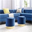 Maklaine Velvet Round Ottoman with Metal Base in Blue/Gold Finish