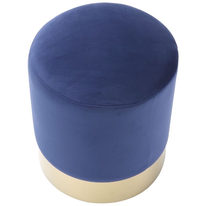 Maklaine Velvet Round Ottoman with Metal Base in Blue/Gold Finish