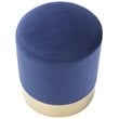 Maklaine Velvet Round Ottoman with Metal Base in Blue/Gold Finish