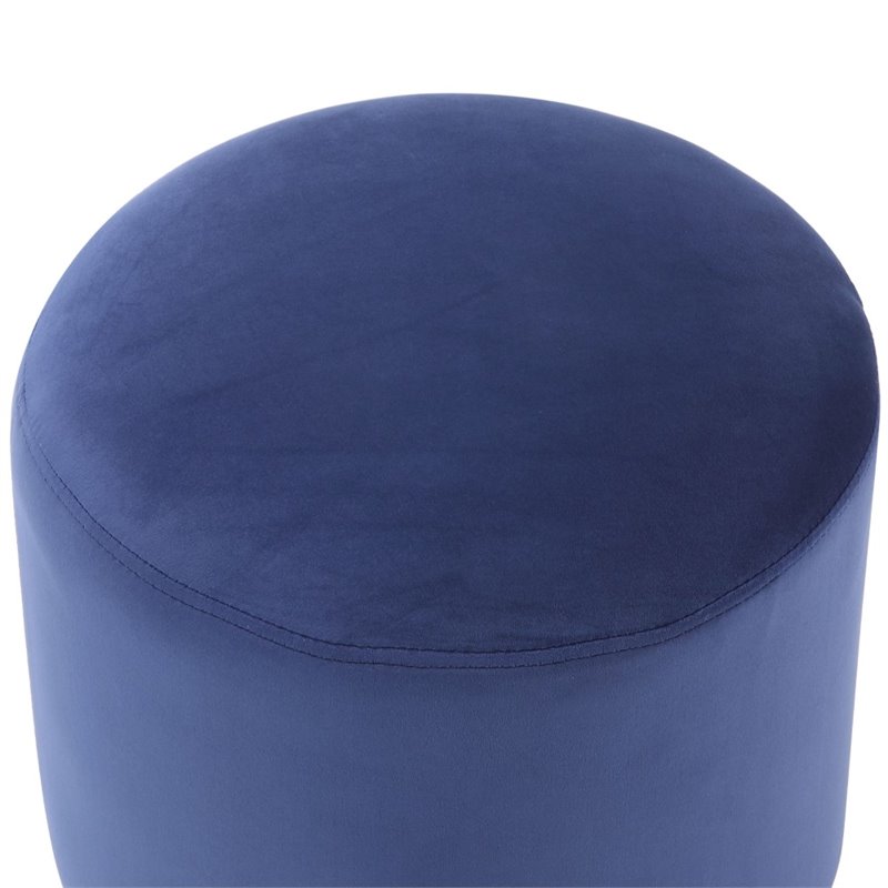 Maklaine Velvet Round Ottoman with Metal Base in Blue/Gold Finish