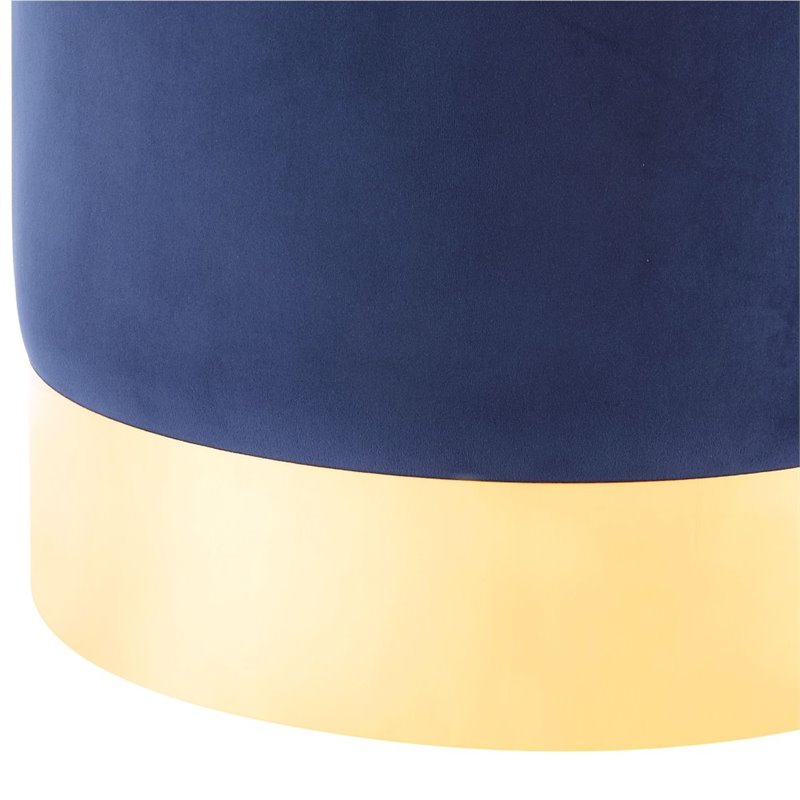 Maklaine Velvet Round Ottoman with Metal Base in Blue/Gold Finish