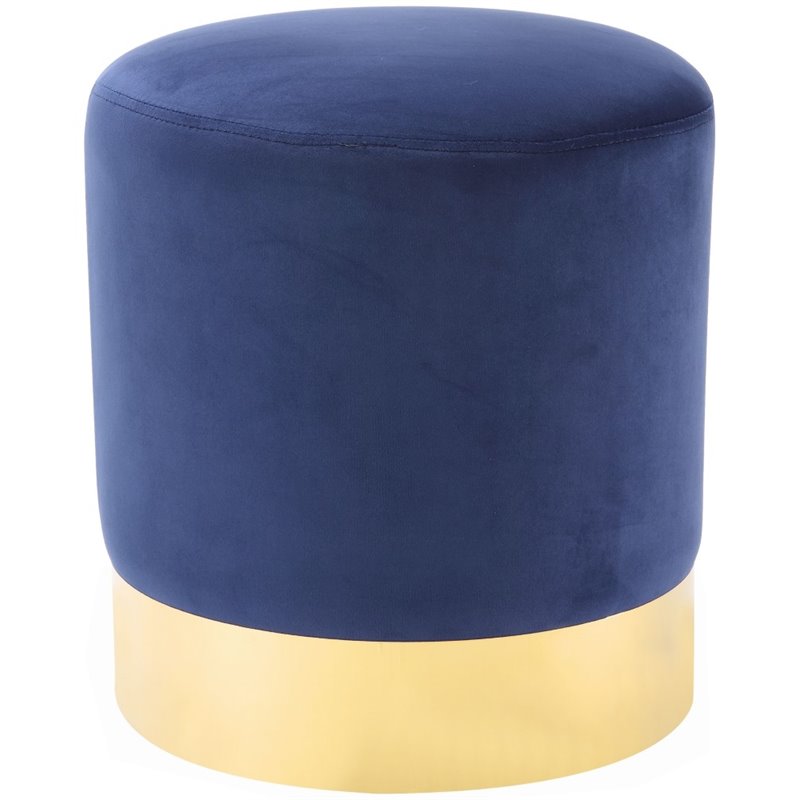 Maklaine Velvet Round Ottoman with Metal Base in Blue/Gold Finish