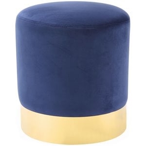 Maklaine Velvet Round Ottoman with Metal Base in Blue/Gold Finish