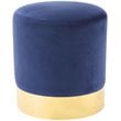 Maklaine Velvet Round Ottoman with Metal Base in Blue/Gold Finish