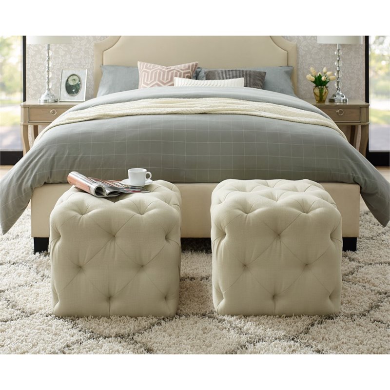 Maklaine Modern Linen Fabric Square Ottoman in Cream/White Finish