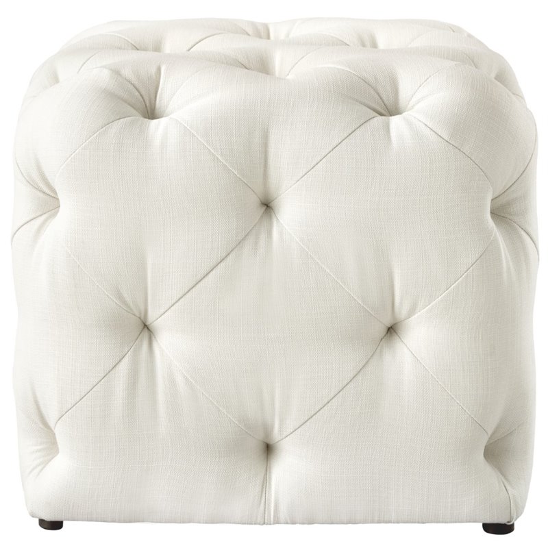 Maklaine Modern Linen Fabric Square Ottoman in Cream/White Finish