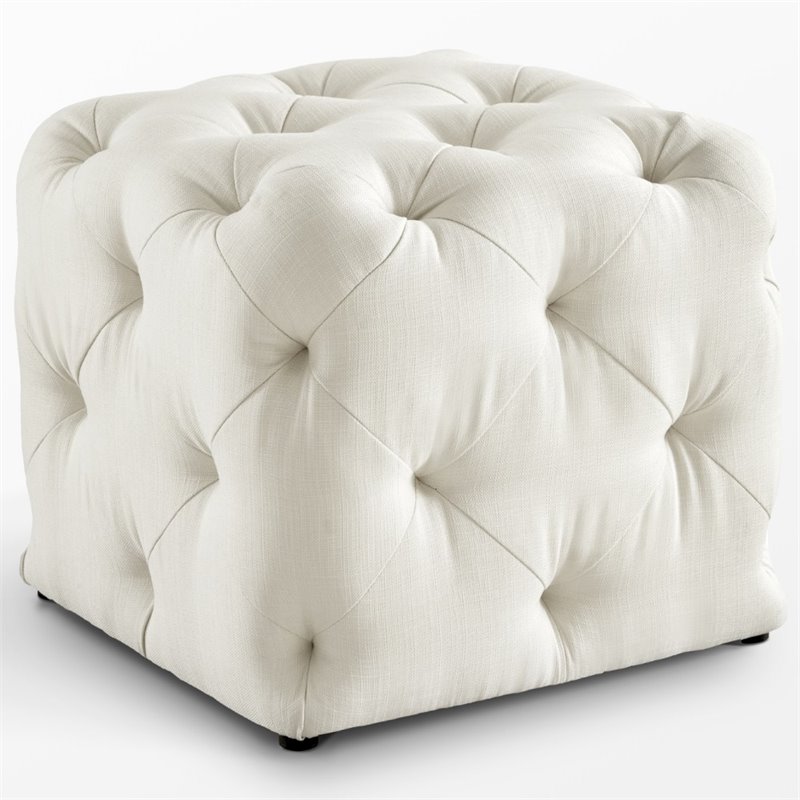 Maklaine Modern Linen Fabric Square Ottoman in Cream/White Finish