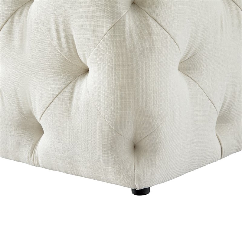 Maklaine Modern Linen Fabric Square Ottoman in Cream/White Finish