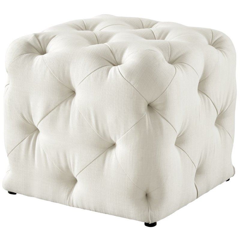 Maklaine Modern Linen Fabric Square Ottoman in Cream/White Finish