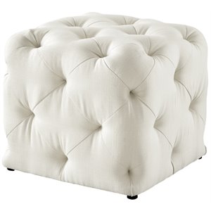 Maklaine Modern Linen Fabric Square Ottoman in Cream/White Finish