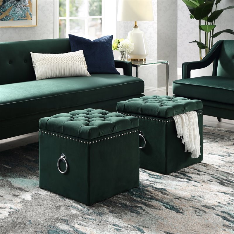 Maklaine Velvet 1Pc Storage Ottoman in Hunter Green/Chrome Finish