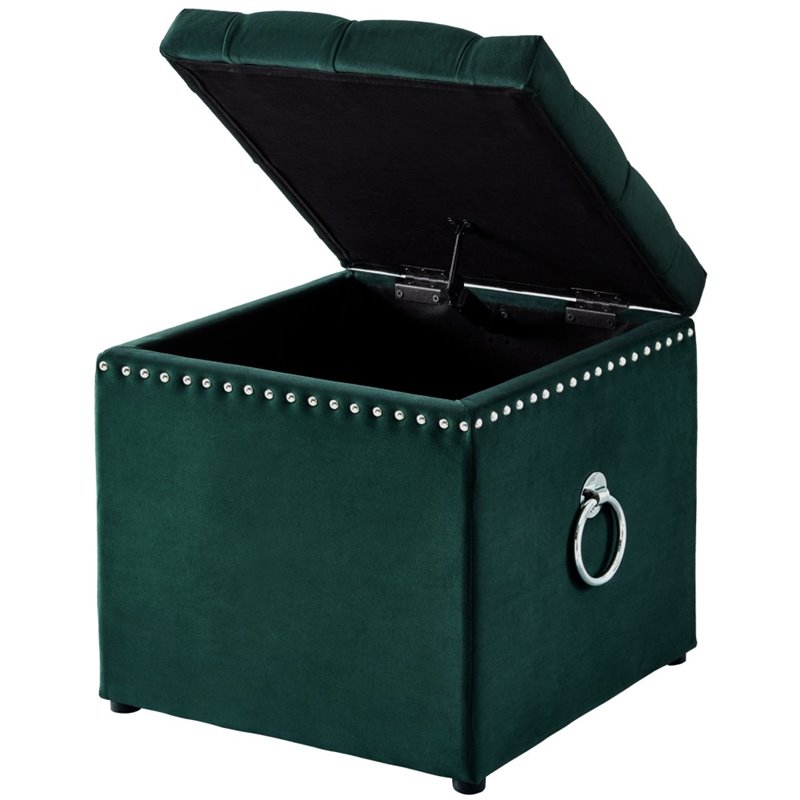 Maklaine Velvet 1Pc Storage Ottoman in Hunter Green/Chrome Finish