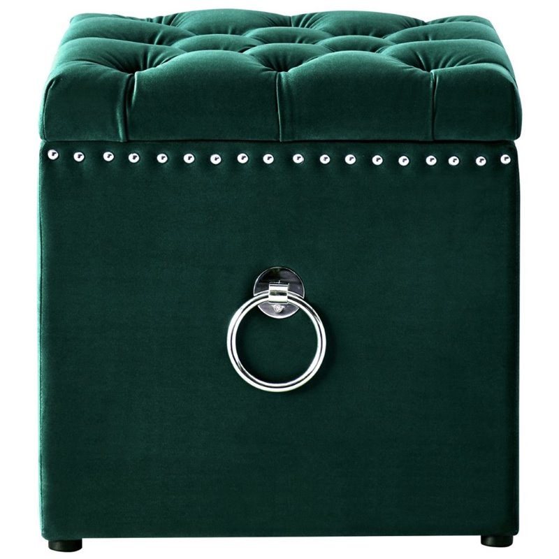 Maklaine Velvet 1Pc Storage Ottoman in Hunter Green/Chrome Finish