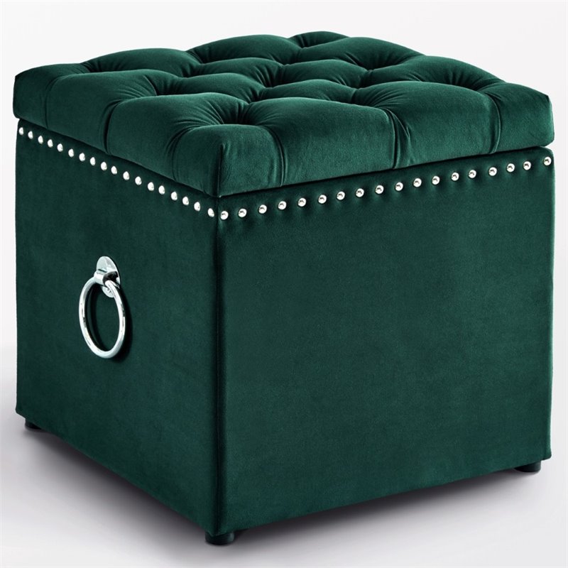 Maklaine Velvet 1Pc Storage Ottoman in Hunter Green/Chrome Finish