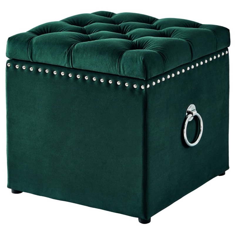 Maklaine Velvet 1Pc Storage Ottoman in Hunter Green/Chrome Finish