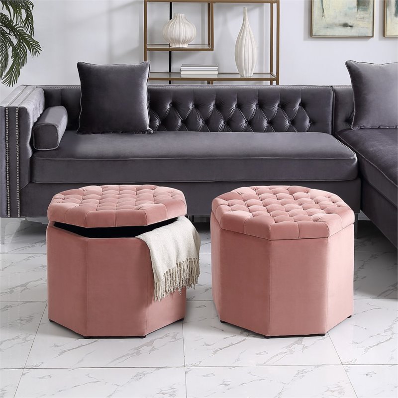 Maklaine Button Tufted Velvet Storage Ottoman in Blush Pink Finish