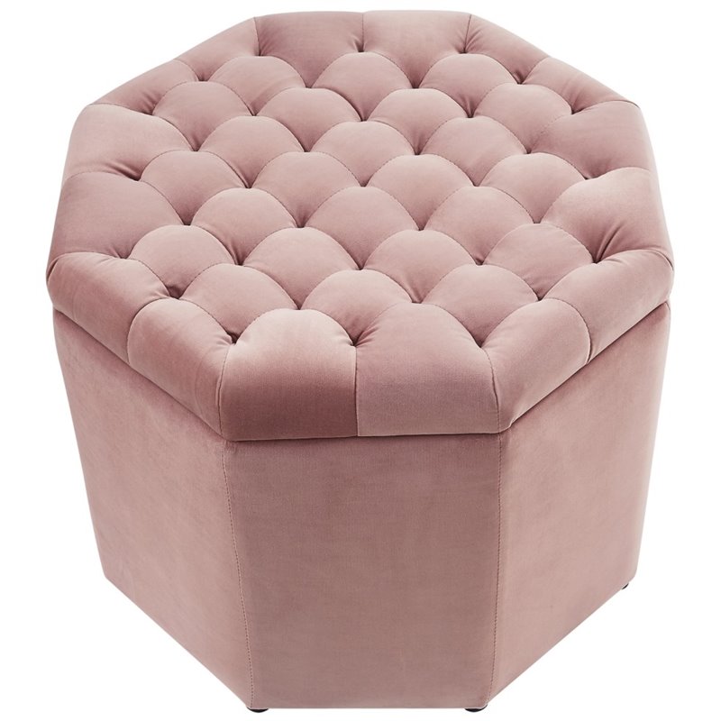 Maklaine Button Tufted Velvet Storage Ottoman in Blush Pink Finish