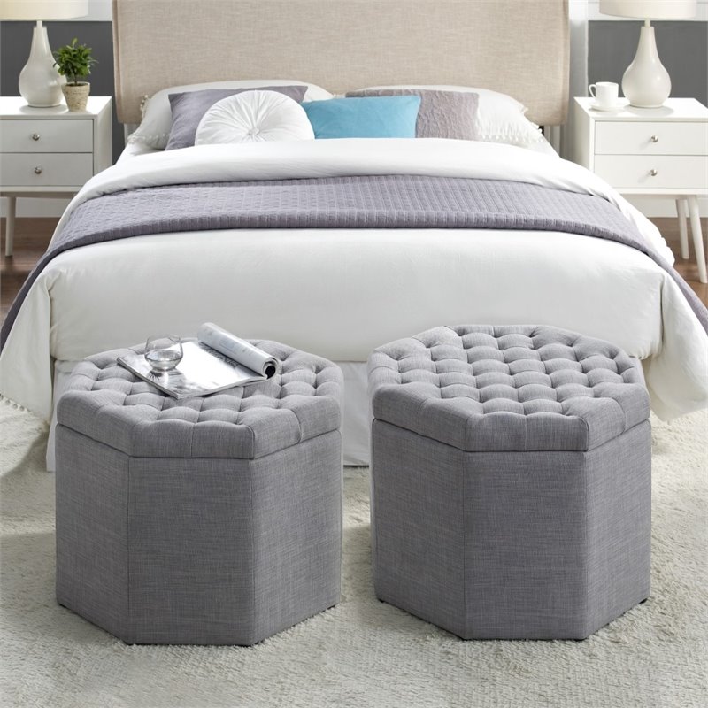 Maklaine Button Tufted Linen Fabric Storage Ottoman in Gray Finish