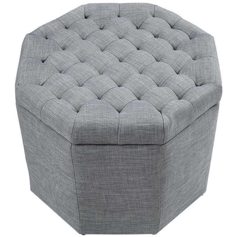 Maklaine Button Tufted Linen Fabric Storage Ottoman in Gray Finish