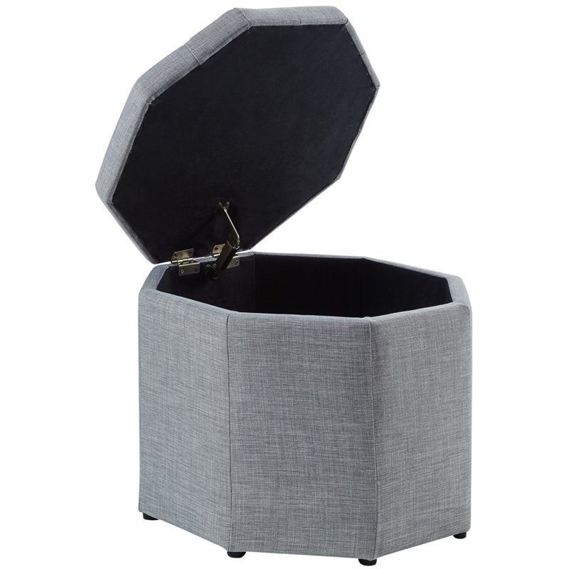 Maklaine Button Tufted Linen Fabric Storage Ottoman in Gray Finish