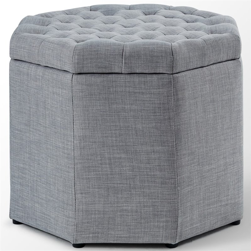 Maklaine Button Tufted Linen Fabric Storage Ottoman in Gray Finish