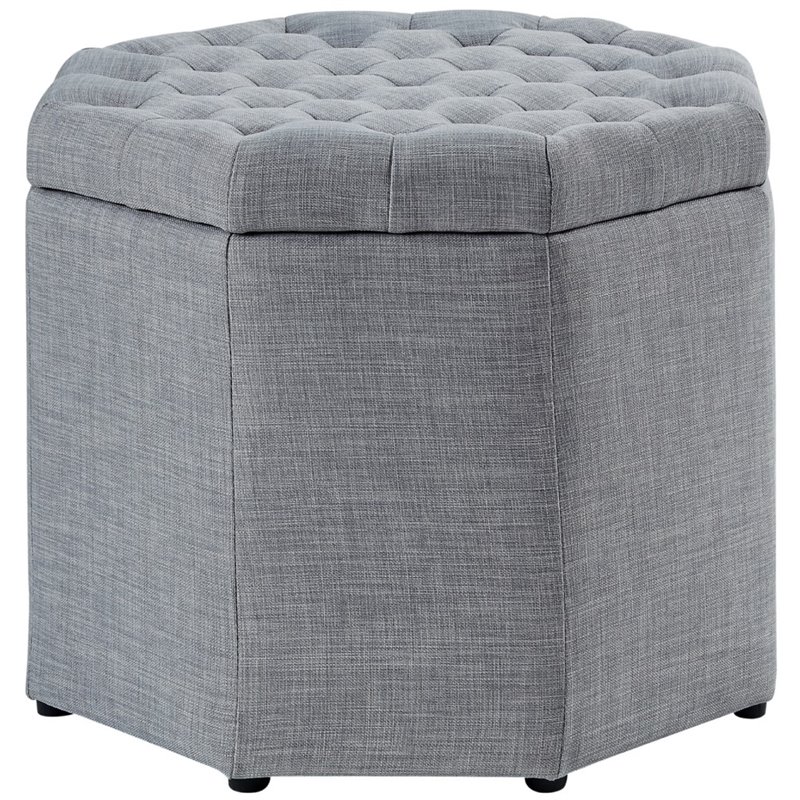 Maklaine Button Tufted Linen Fabric Storage Ottoman in Gray Finish