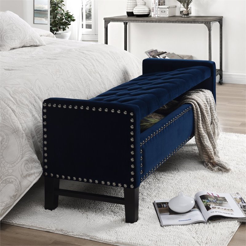 Maklaine Tufted Velvet Storage Bench with Nailhead Trim in Navy Blue