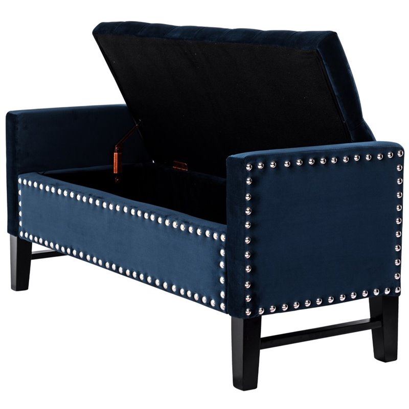 Maklaine Tufted Velvet Storage Bench with Nailhead Trim in Navy Blue